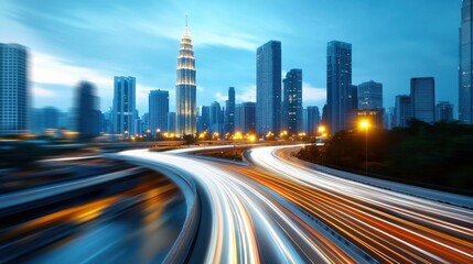 Fototapeta premium A captivating aerial view of a bustling metropolitan skyline featuring towering skyscrapers a network of illuminated highways and reflections shimmering on the water below conveying a sense of energy