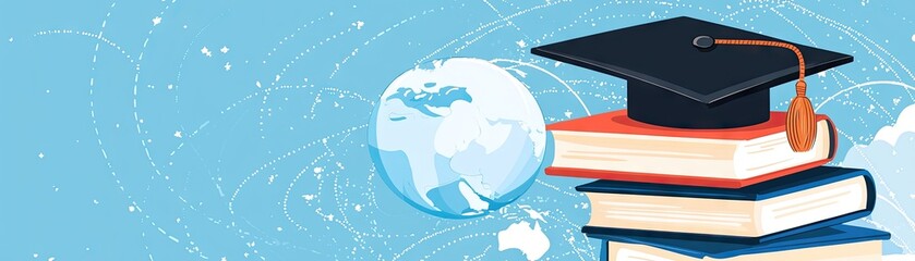 Global education books, graduation cap, world map background.  Website banner