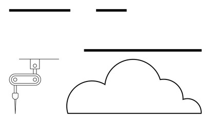 Robotic arm reaching towards large cloud, emphasizing connectivity, innovation, and automation. Ideal for technology, data sharing, smart systems, IoT, cloud storage engineering flat simple