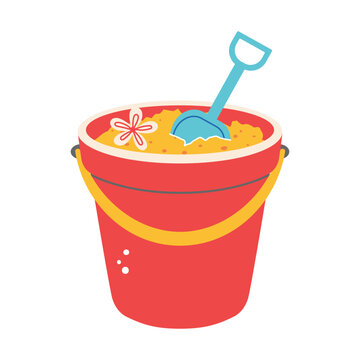 recommend clip art: Y2k cartoon cute bucket of sand and a shovel. Summer beach fun. Vector simple illustration.