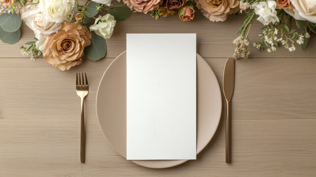 Elegant wedding menu cards on a smooth wooden display, warm-toned floral accents, soft ambient lighting, random beige and brown variations, no text.