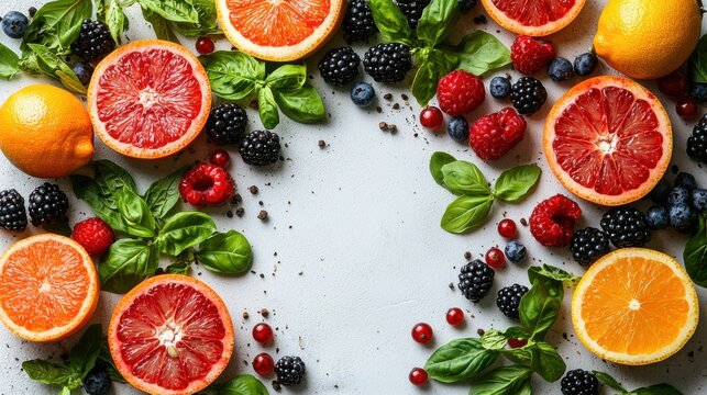 An abundant arrangement of various colorful and healthy fresh fruits and berries including oranges grapefruits strawberries blackberries
