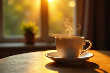 Warm golden light falls on minimalist coffee cup, clean, wooden