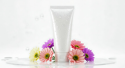 skin care product mockup, water splash, and fresh flowers, ideal for spa and wellness.