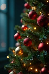 Fototapeta premium Christmas Tree with Sparkling Ornaments and Flickering Fairy Lights, winter wonderland, ornaments