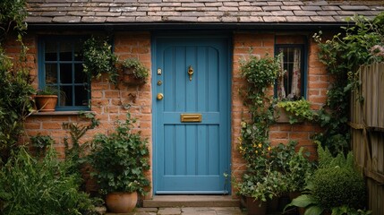 Charming Cottage Entrance: Teal Door and Lush Greenery