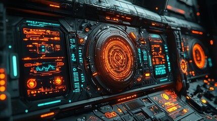 Obraz premium Futuristic Spaceship Cockpit Interface: High-tech Control Panel Design with Orange and Teal Accents