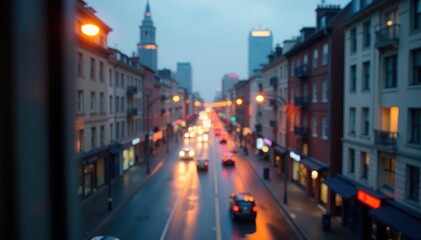 Obraz premium Blurred city view from window, computer screen, building, distant