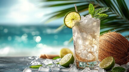 refreshing mojito cocktail with lime, mint, and ice, set against tropical beach background with coconut and palm leaves