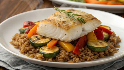Baked Cod with Roasted Vegetables & Brown Rice