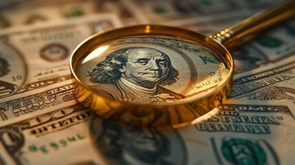 magnifying glass highlighting Benjamin Franklin face on US dollar bill, symbolizing financial scrutiny and analysis