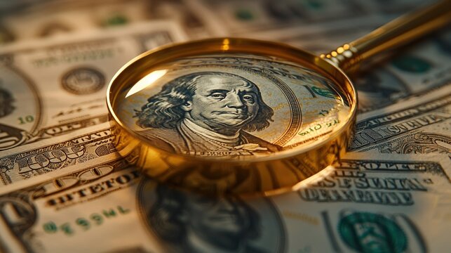 magnifying glass highlighting Benjamin Franklin face on US dollar bill, symbolizing financial scrutiny and analysis