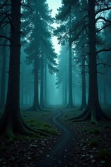 Dark forest with twisted trees on white background, solitude, isolation, darkness