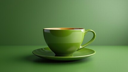 vibrant green ceramic teacup with matching saucer on green background, creating harmonious and calming aesthetic