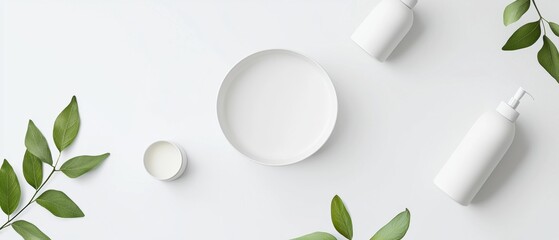 Flat lay of various white objects arranged on a white background. on the left side of the image, there are two white bottles with pump dispensers, one on the right side and one in the center.