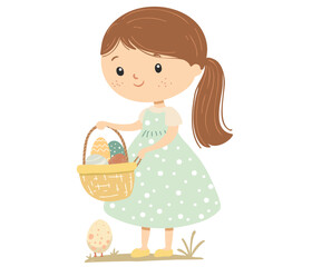 A cute little girl happily holding a basket filled with colorful Easter eggs