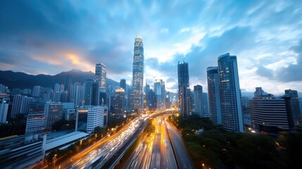 Fototapeta premium Breathtaking aerial perspective of a vibrant modern city skyline with towering skyscrapers busy highway infrastructure and a dramatic mountainous backdrop at sunset