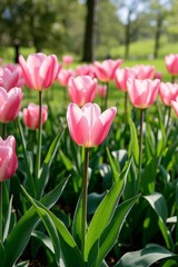 Fototapeta premium there are many pink tulips in a field of green leaves