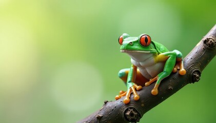 Fototapeta premium Green tree frog perched on white, vibrant colors, green, exotic, legs