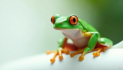 Obraz premium Green tree frog perched on white, vibrant skin, exotic, eyes
