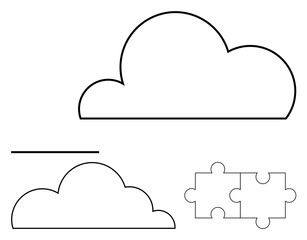 Outlined cloud, single line, and interlocked puzzle pieces suggesting connectivity, solutions, and cloud computing. Ideal for technology, teamwork, innovation, strategy data problem-solving flat
