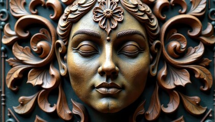 Intricate floral pattern carved into a wooden face sculpture, aged finish , wooden, texture