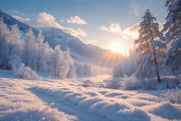 Stunning Winter Scenery with Soft Snow Sunshine and Peaceful Nature