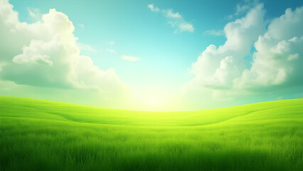 Fototapeta premium Lush green grass field with cumulus clouds in a bright blue sky at sunrise