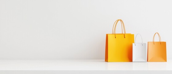 Three shopping bags of different colors - one is orange, one is white, and one is light orange. the bags are arranged in a row on a white surface with a plain white background.