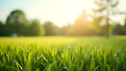 Lush green grass with a sun-drenched meadow and trees in soft focus