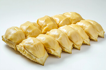 A freshly removed durian segments, arranged neatly on a white background