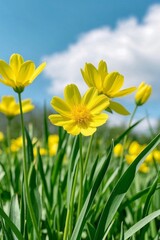Fototapeta premium yellow flowers in a field of green grass with a blue sky in the background