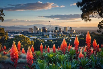 Stunning Canberra Skyline Surrounded by Colorful Indigenous Plants