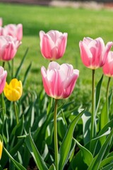 Fototapeta premium there are many pink and yellow tulips in a field
