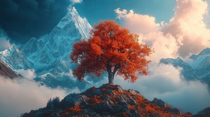 Fototapeta premium Majestic Mountain, Solitary Autumn Tree