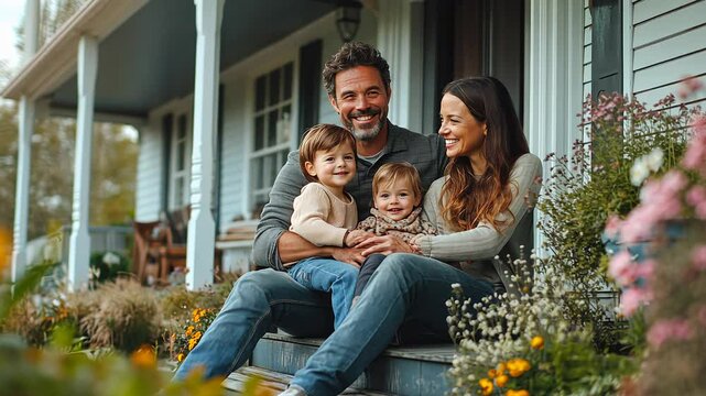 A cheerful family enjoys their time together on the porch of their charming home. Surrounded by colorful flowers, they share laughter, creating lasting memories on a beautiful day.