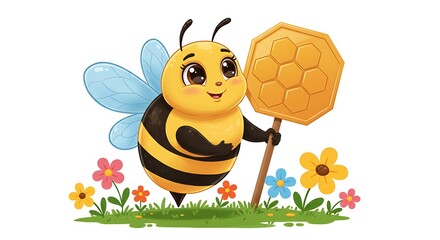 Obraz premium Adorable Honeybee Cartoon Illustration Golden Honeycomb AI Generated