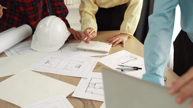Architect and safety engineer discussion about building blueprint displaying on laptop on table with architectural document and wooden block scatter around at modern office. Closeup. Delineation.
