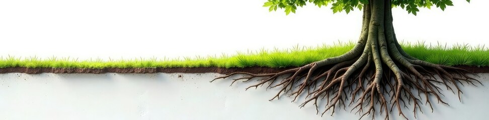 Fototapeta premium Tree trunk and roots visible from above on white ground, tree, underground, landscape