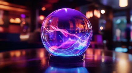 A luminous crystal ball glows with intricate energy patterns inside