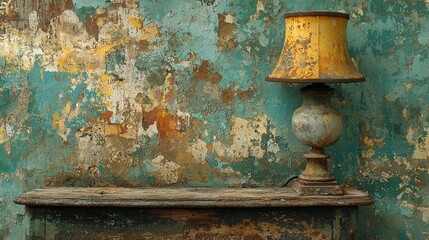 Antique Lamp on Rustic Wooden Shelf Against a Weathered Wall