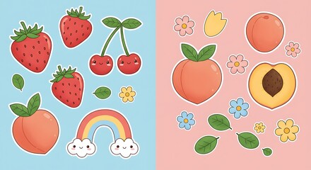 Adorable Kawaii Fruit Stickers Peach Strawberry Design AI Generated