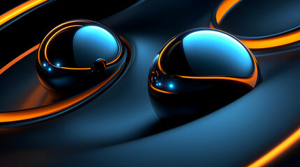 Metallic spheres dance on a dark, undulating surface, illuminated by vibrant orange neon accents, creating a futuristic, elegant spectacle.