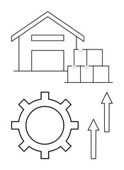 Warehouse structure, stacked boxes, gear mechanism, and upward arrows symbolize storage, production, growth. Ideal for logistics, manufacturing, efficiency development supply chain industrial