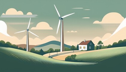 Obraz premium Energy, minimalistic landscape with a house and a wind turbine