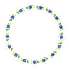 Round frame depicting cartoon cat's head and spots of various shapes. Blue, yellow, green and black colors. Frame for congratulations, under  text. One icon isolated on  white background.