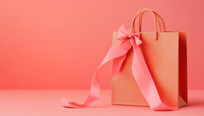 Chic gift bag with ribbon on pink background.