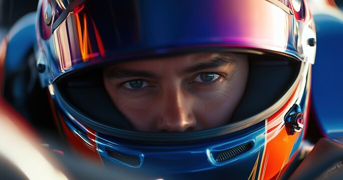 Gros plan du visage d'un pilote formule 1, portant un casque color&eacute;, assis dans sa voiture sur un circuit, le regard fixe montrant un instant de concentration intense.