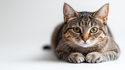 Adorable Tabby Cat Relaxing and Staring Intently Against a White Background