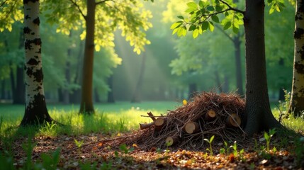 Serene Woodland Scene Sunlight Dappled Through Lush Green Canopy Illuminates a Pile of Pruned Branches at the Base of a Mighty Tree Trunk in a Peaceful Park Setting